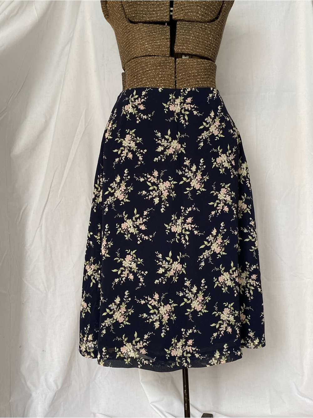 Liz Claiborne Vintage Navy A-Line Skirt with Pink & Cream Floral Print